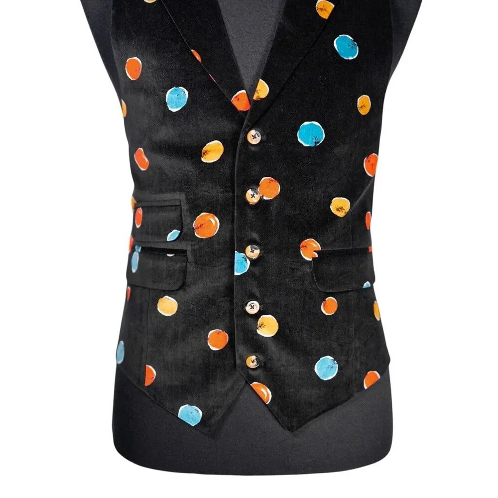 Mens Velvet Vest 42R Black Orange Blue Polka Dot Waistcoat Formal Wedding Party